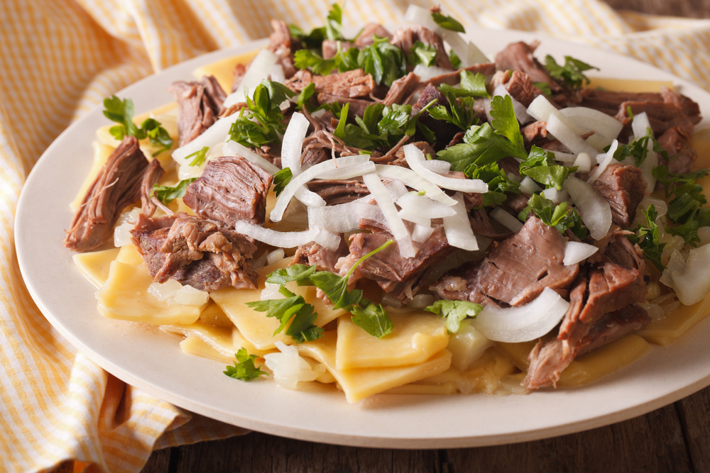 Asian beshbarmak - noodles with mutton and onion close-up. horiz